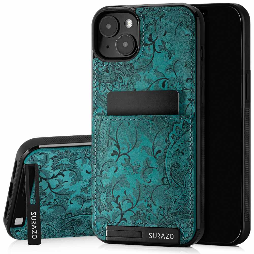 Genuine leather Back case with stand - Ornament Turquoise - TPU Black