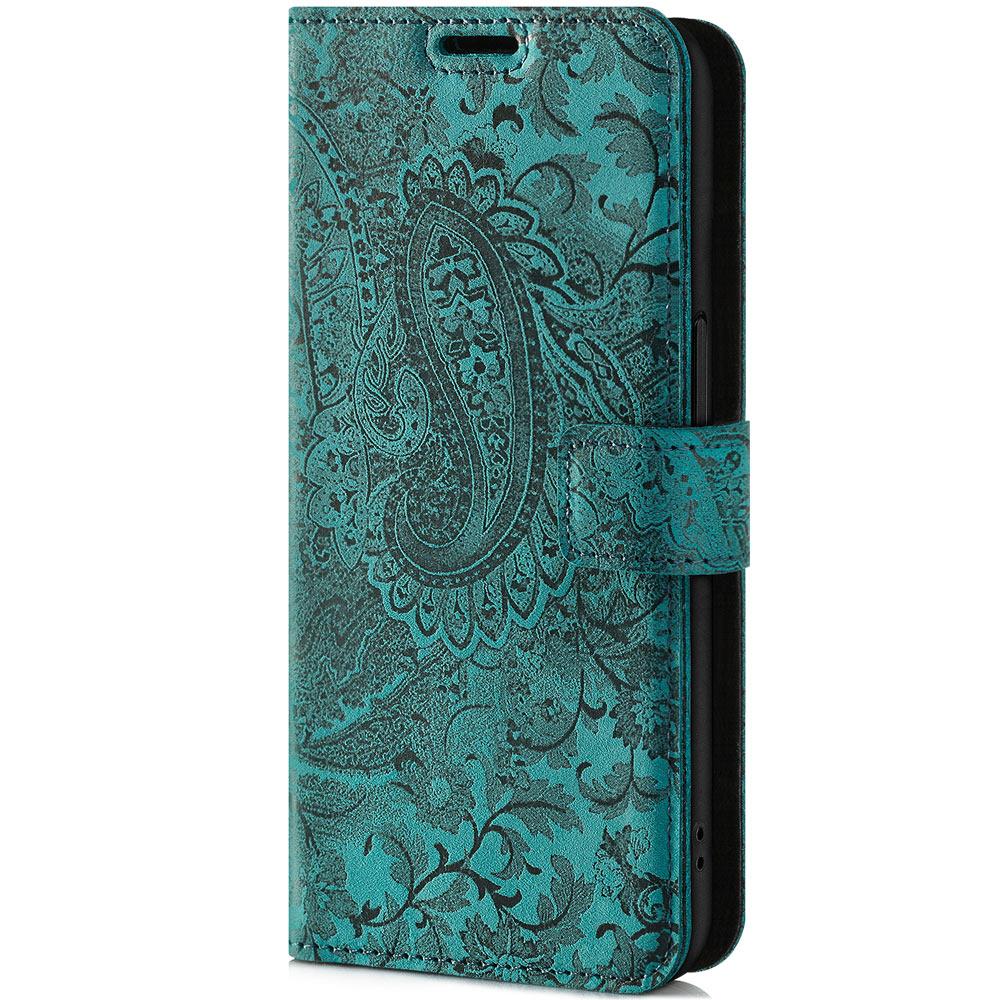 Genuine leather Kickstand Premium RFID - Ornament Turquoise - TPU Black