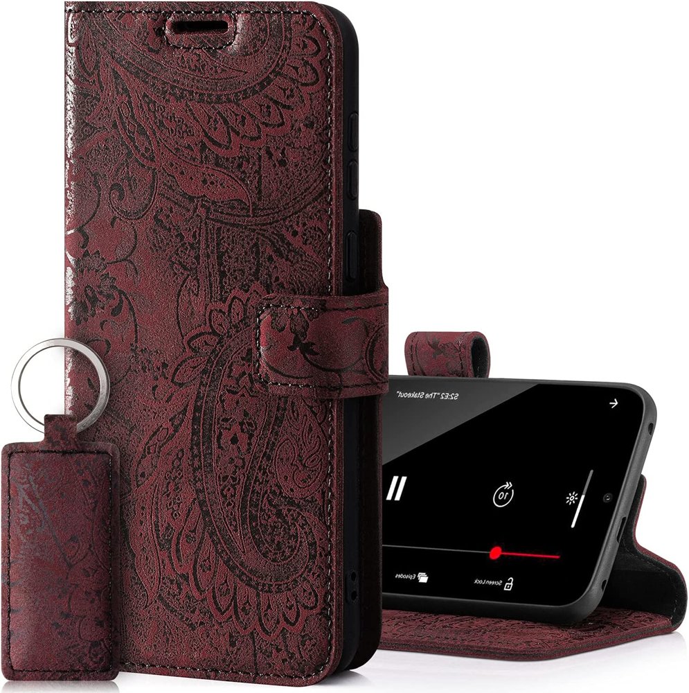 Genuine leather Kickstand Prestige RFID - Ornament Burgund - TPU Black